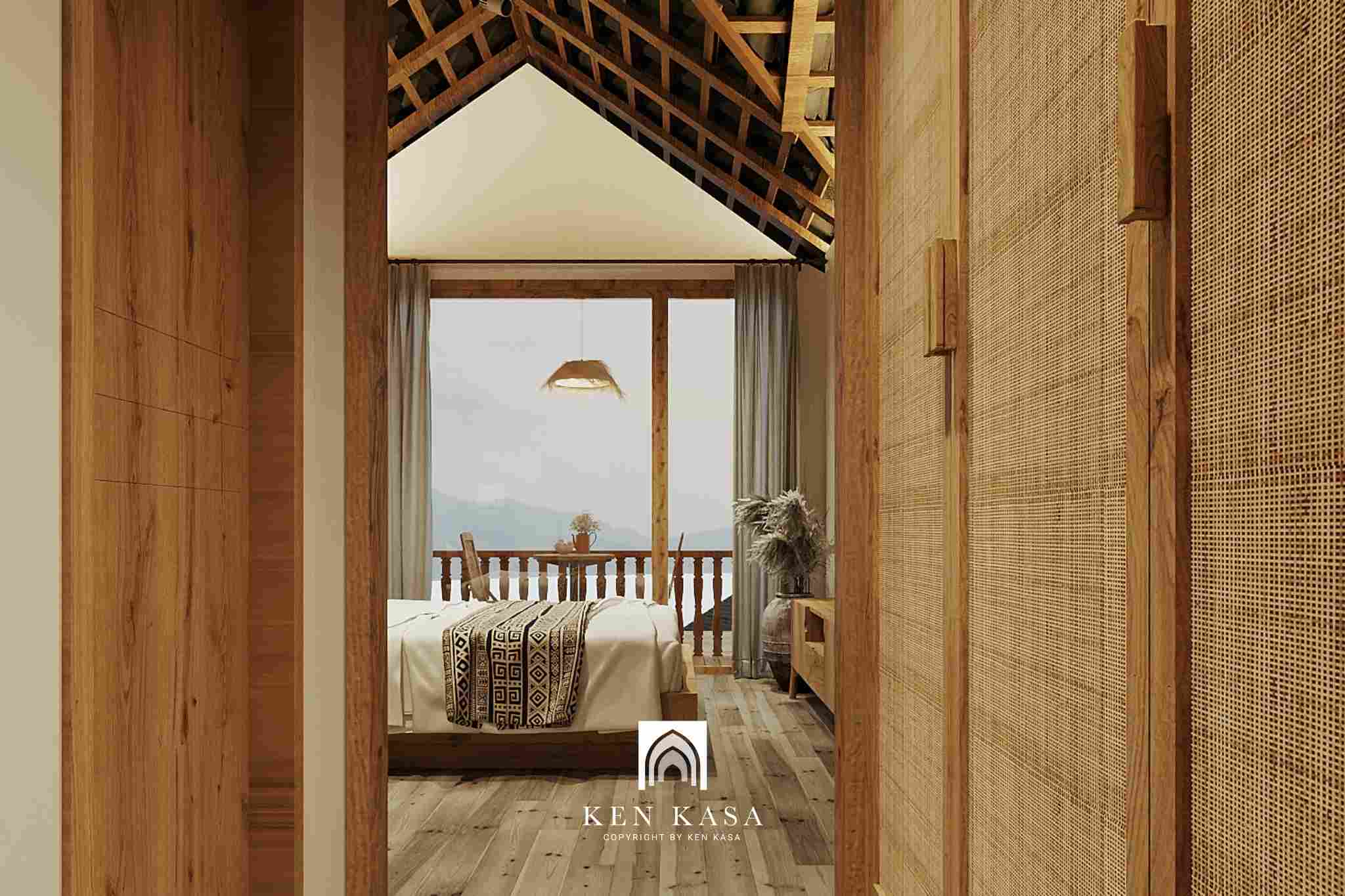Không gian nội thất bungalow sử dụng chất liệu gỗ